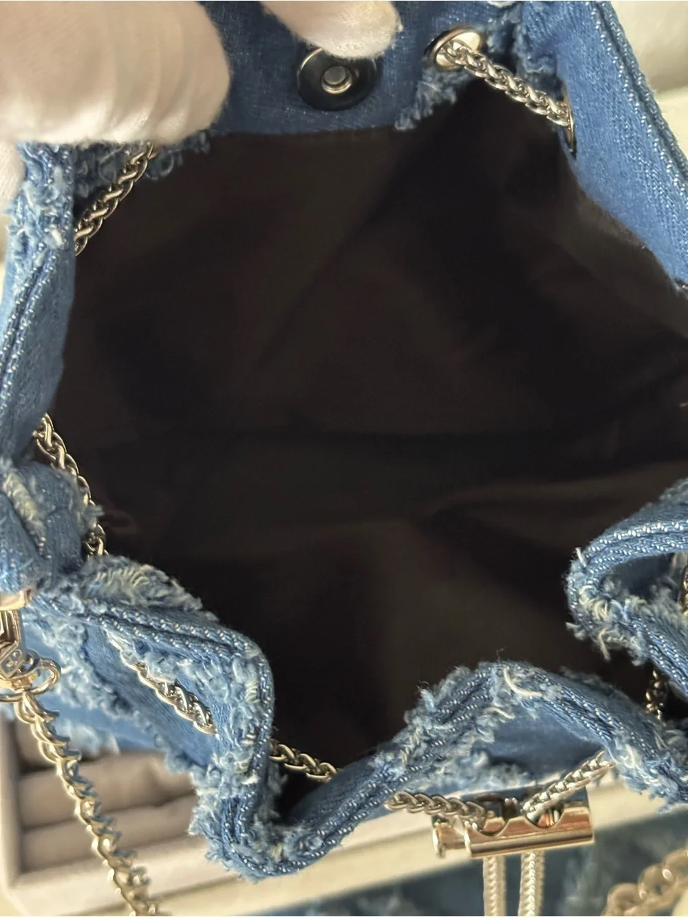 Denim Bucket Bag Frayed Patchwork Silver Chain Crossbody Shoulder Purse Blue